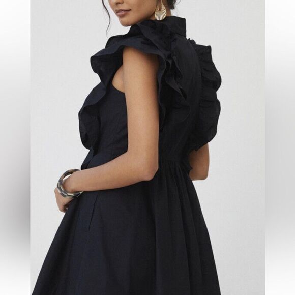 Maeve Anthropologie Button Front Ruffled Little Black Mini Dress Size 4 - Picture 3 of 13